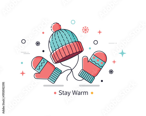 Winter gloves and hat cozy cold weather accessories placed together as a warm seasonal set with a soft knitted hat and a pair of mittens tied by a small