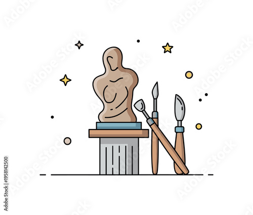 Clay sculpture studio concept featuring a small sculpture on a pedestal with simple sculpting tools resting beside it. Elegant creative scene reflecting