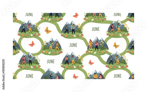 June outdoor hiking adventure seamless pattern, people trekking across meadows mountains wildflowers and butterflies arranged in a repeating pattern, white