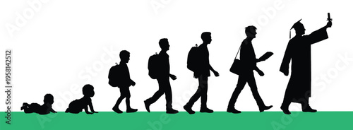 Silhouettes of male life cycle from baby to graduate side view characters vector illustration set. Man education stages portrait silhouette set infographic vector illustration.