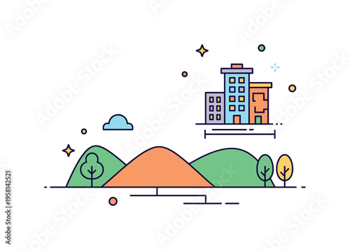 Land development planning simple landscape with a small building plan icon and measurement lines suggesting thoughtful land use and urban planning. The scene
