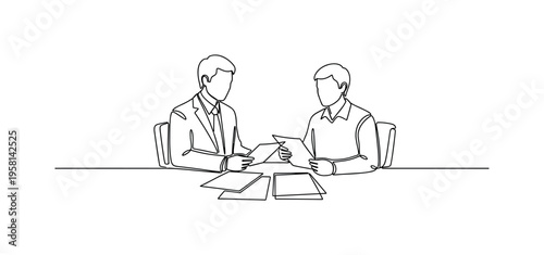 Pro Bono Consultation. Minimalistic one-line drawing lawyer sitting at table with a client reviewing documents for legal aid, continuous single black line on