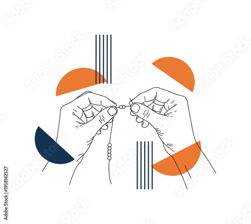 monochrome hands practicing fine motor therapy with beads and thread, white outline cut-out effect, abstract semicircles and vertical lines symbolizing