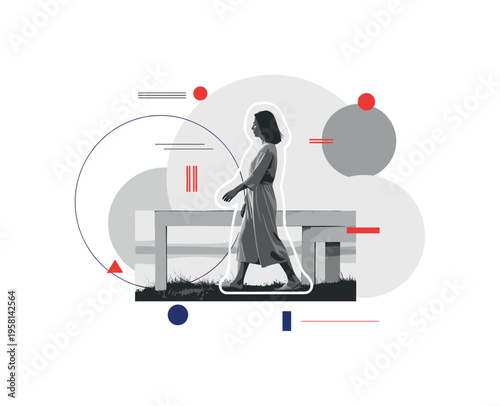 monochrome person walking calmly in nature as stress relief activity, white outline cut-out effect around the figure, abstract circles and structured blocks