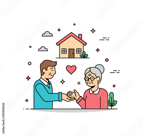 Community support for seniors volunteer offering a helping hand to an elderly neighbor while a small house icon represents safe and supportive living