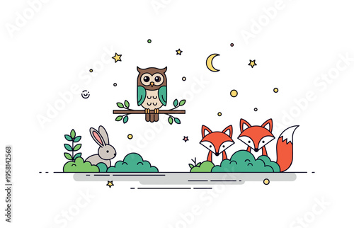 Nighttime forest animals scene showing an owl on a branch, a fox peeking from bushes, and a rabbit nearby, with subtle stars and moonlight creating a serene