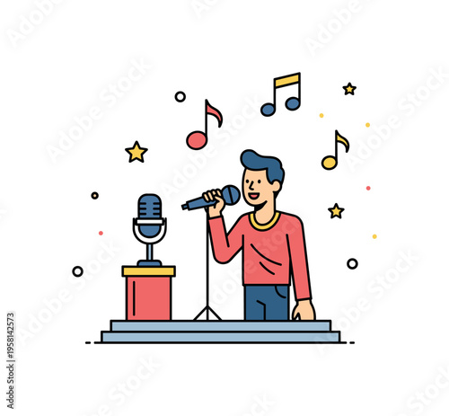 Singing audition preparation with a microphone on a small stage while a few floating music notes suggest a vocal performance in progress. Energetic musical