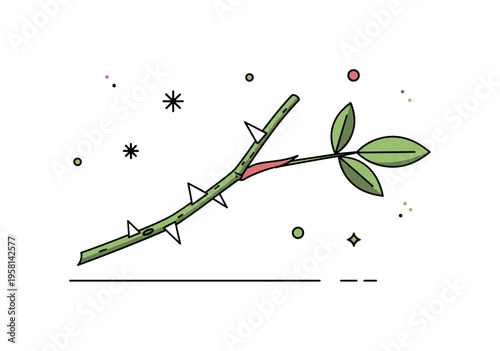 Wild rose stem detail focusing on a thin branch with a few pronounced thorns and a single small leaf. Natural botanical moment reflecting the raw beauty of