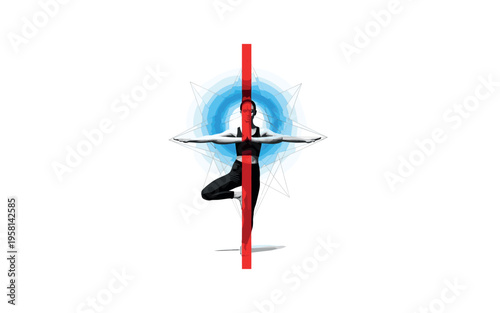Black and white figure in tree pose balancing on one leg, bold red vertical stripe aligned with body axis, blue circular halo behind upper body, thin geometric