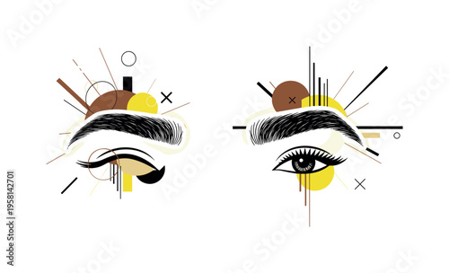 eyebrow before and after brushing abstract circles lines and geometric shapes representing styling transformation black and white retro eyebrow objects with