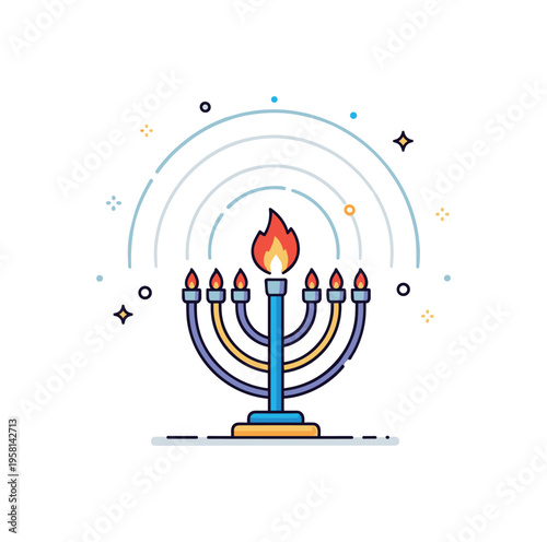 Hanukkah miracle of light concept showing a bright menorah flame radiating subtle circular glow lines, symbolizing hope and resilience. The compact editorial