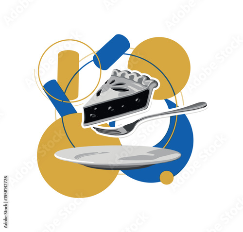 black and white pie slice on a fork floating above plate, realistic object with white outline cut-out effect, geometric circles and cylindrical
