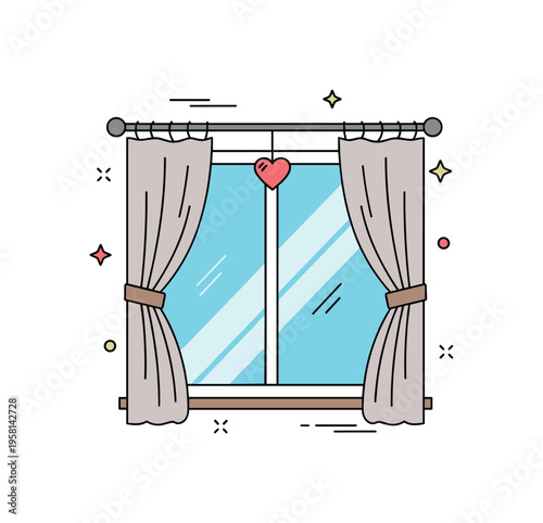 Peaceful home window framed by soft neutral curtains and a tiny heart shaped decoration hanging above the rod. Warm domestic scene symbolizing comfort,