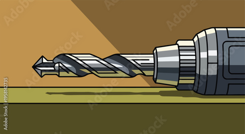 Stylized illustration of a drill bit and chuck with a shadow on a flat surface