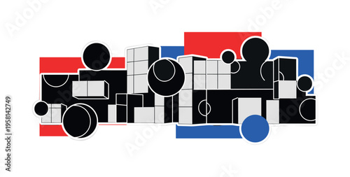 Black and white wide city wall covered with abstract mural shapes, structured rectangular building blocks and circular halos suggesting public space, vivid red