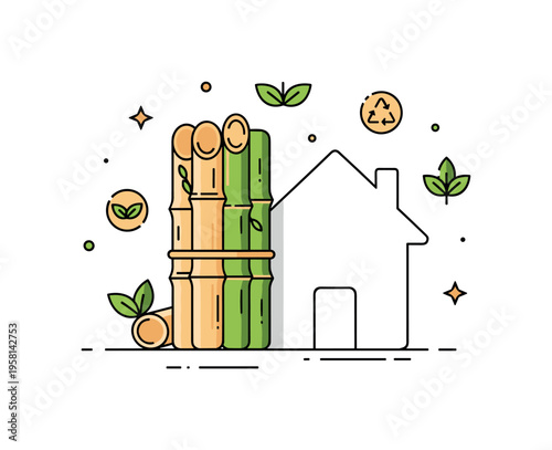 Bamboo building materials bundle of bamboo poles standing beside a simple house outline while small eco symbols and leaves float gently around the scene. The
