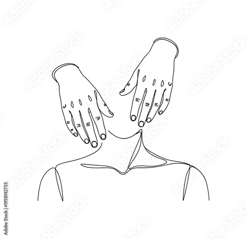 Healing Energy Hands. Minimalistic one-line drawing hands hovering above a person?s shoulder symbolizing therapeutic healing touch, continuous single black