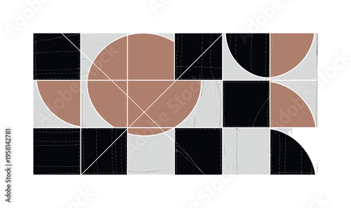 vintage faded quilt patchwork texture arranged in a geometric grid, black and white fabric squares with subtle stitching details, large muted terracotta circle