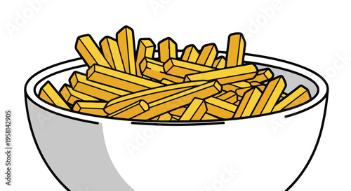 A white bowl overflowing with golden French fries against a white background