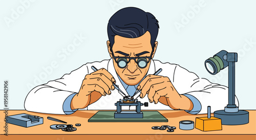 A meticulous watchmaker in a white coat uses tools under magnification to repair a timepiece