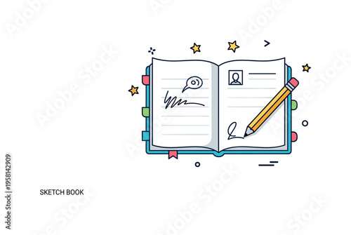 Sketchbook creativity showing an open notebook with a simple doodle and a pencil resting across the page. Small stars and playful marks suggest spontaneous