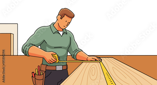 A person measures a wooden surface with a measuring tape