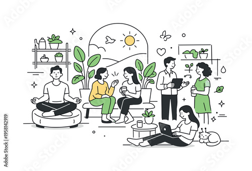 Human-centered biocentric design. A clean editorial scene of people calmly interacting inside a green architectural space filled with plants and daylight.