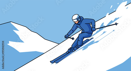 A skier descends a snowy mountain slope against a blue sky with snow-capped peaks
