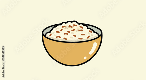 Stylized illustration of a bowl filled with rice and brown toppings