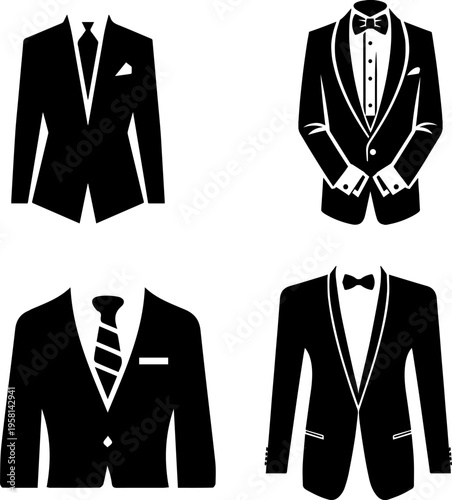 Set of Formal Men Suits Tuxedos and Groom Attire Vector Icons