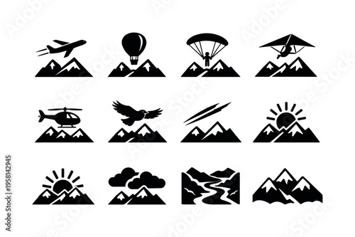Flying Over Mountains. Solid icon set of Flying Over Mountains: airplane over mountains, hot air balloon over mountains, paraglider over mountains, hang glider