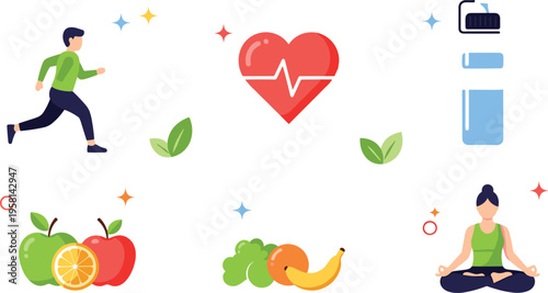 Healthy lifestyle set with running, meditation, nutrition and hydration, wellness and fitness habits cartoon vector illustration collection
