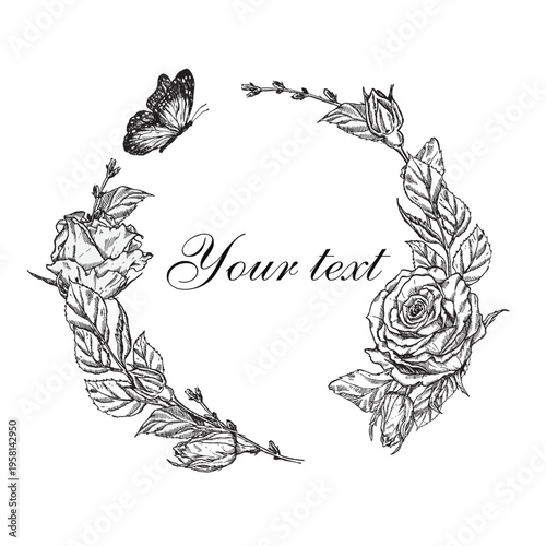 A round floral wreath in ink drawing in an engraving style. A template for wedding and holiday cards, invitations, and decor with text space.