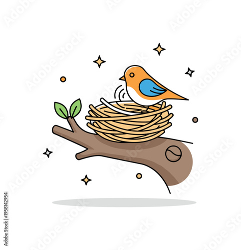 Spring nesting behavior concept centered on a small woven nest resting in a tree fork with a bird gently arranging fibers, expressing patience and preparation