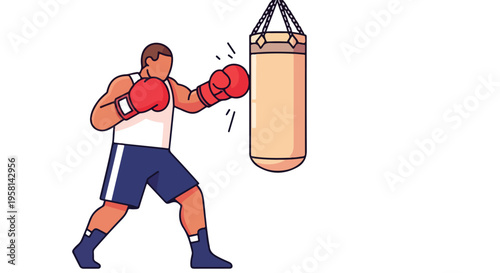 A boxer in red gloves hits a hanging punch bag, stylized illustration