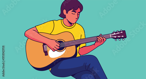 Stylized person in yellow shirt plays acoustic guitar, blue background