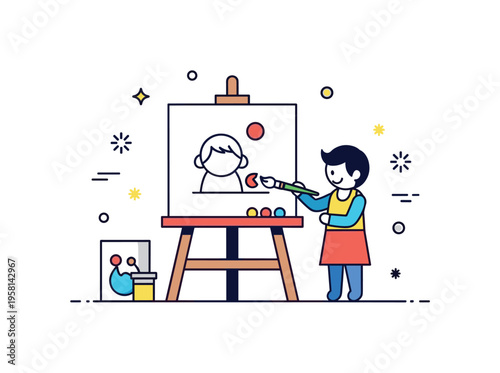 Children painting project showing a simple easel with a playful drawing while a child figure adds color with a brush. Bright and positive scene representing