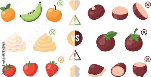 Healthy vs unhealthy food comparison set with fruits desserts and nutrition choices, diet balance concept flat vector illustration collection for wellness design
