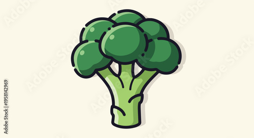 A stylized, green broccoli floret with a thick black outline and a light shadow