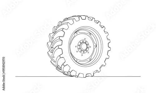 Large Tractor Wheel. Minimalistic one-line drawing full-size tractor wheel showing tire and rim proportions, continuous single black line on white background,
