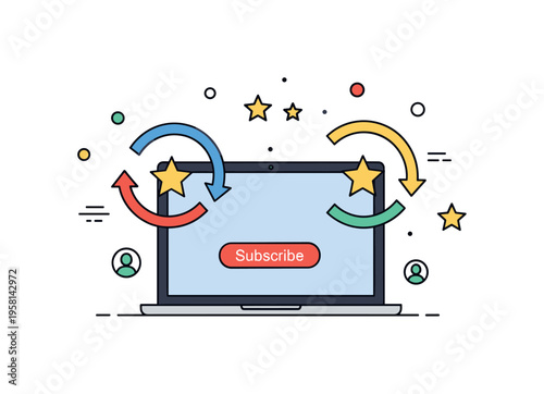 Subscription service platform showing a laptop screen with a small ?Subscribe? button while circular arrows and stars suggest ongoing access and premium
