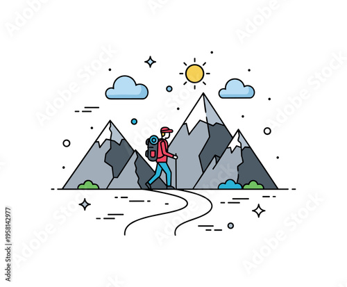 Mountain trekking adventure a lone hiker with a backpack walking along a winding trail between tall mountain peaks while a small sun and clouds emphasize the