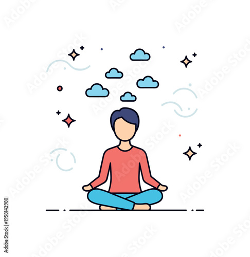 Meditation for stress relief relaxed figure sitting peacefully while small cloud icons drift away above the head. Sparkles and soft curves symbolize releasing
