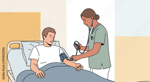 A nurse checks a patient's blood pressure in a hospital bed