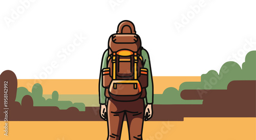 A person with a large backpack stands facing away in a stylized landscape