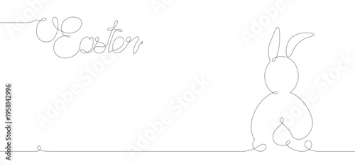 Easter Bunny banner in line art style, Minimalist design, Continuous One Line Drawing Bunny for Spring Concept Card, vector illustration isolated on white background, copy space for text