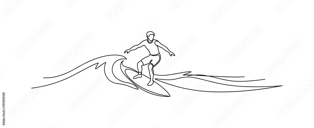 Obraz premium Wave Surfing Scene. Minimalistic one-line drawing individual maintaining balance while gliding over the water waves, continuous single black line on white