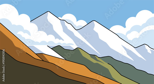 Stylized landscape with layered mountains, snowy peaks, and fluffy clouds under a blue sky