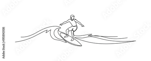 Wave Surfing Scene. Minimalistic one-line drawing individual maintaining balance while gliding over the water waves, continuous single black line on white