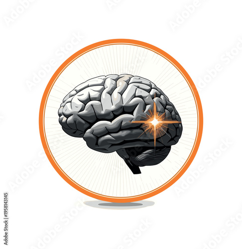 Monochrome brain illustration integrated into an orange circular frame with fine linear grid structure suggesting neuroscience breakthroughs, bright flash of